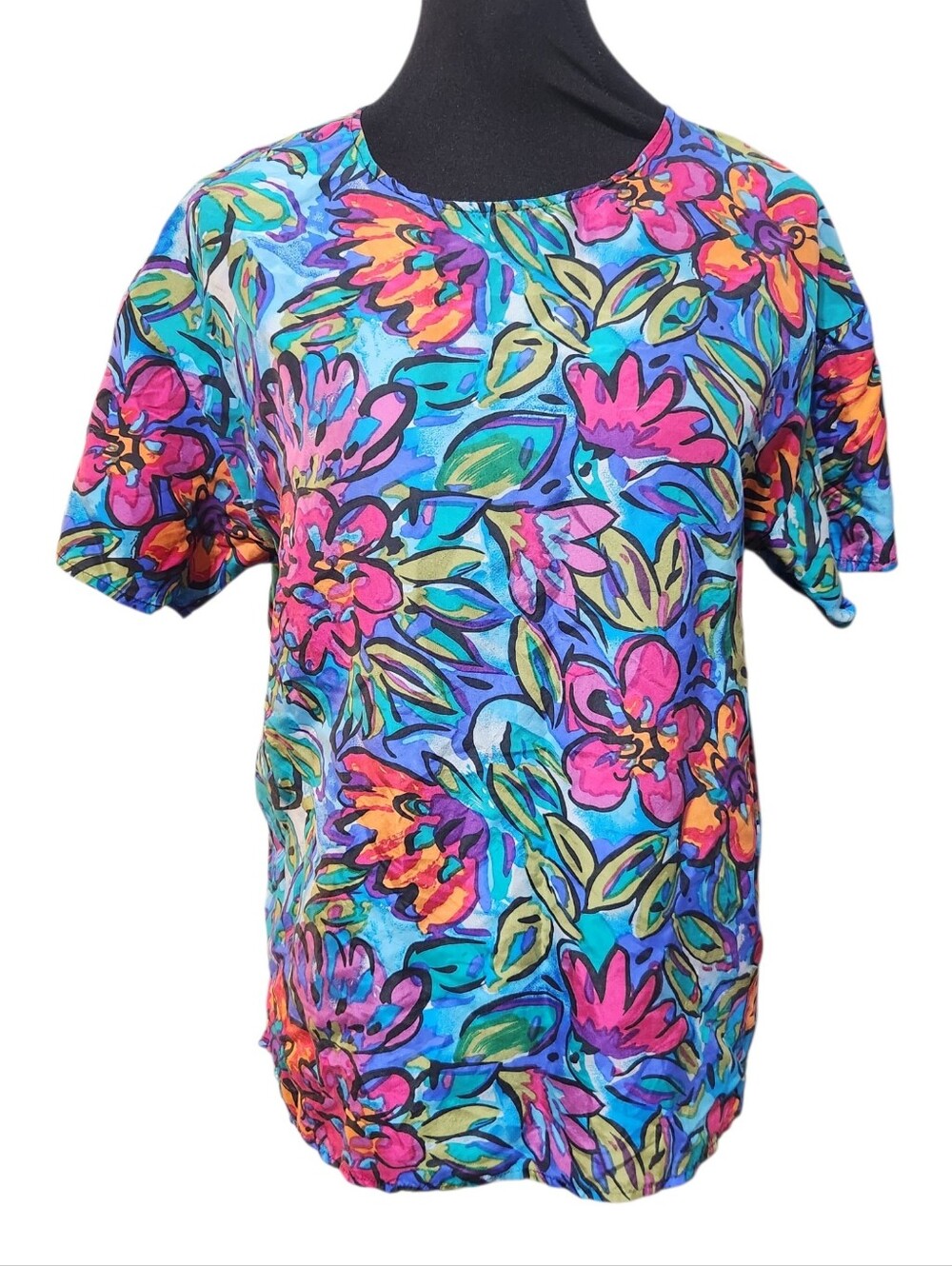 Melrose 100% Silk Blouse Colorful Size 8 Womens Short Sleeve Top Shirt Floral